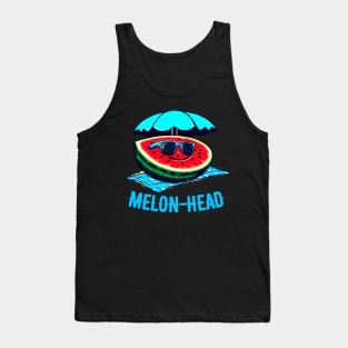 Melon-Head Funny A smiling slice of watermelon on a beach towel with sunglasses Tank Top